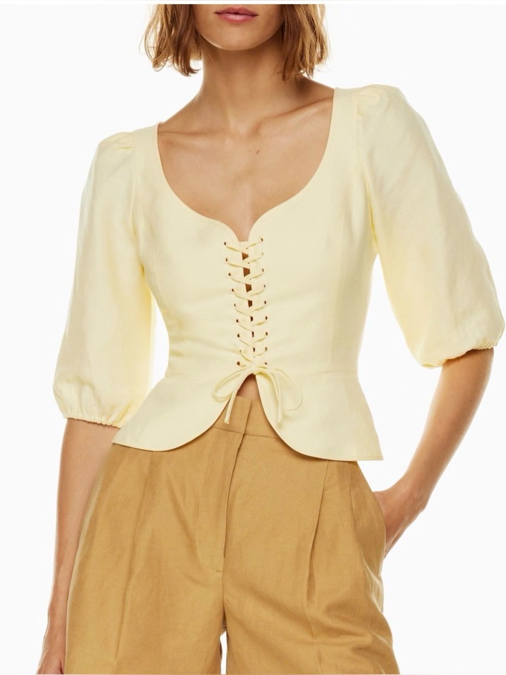 Wilfred Light Yellow Lace-Up Blouse